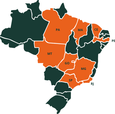 mapa do brasil com os estados PA, MA, CE, MT, GO, MG, PE, MG, SP e RJ marcados como estados de atuação